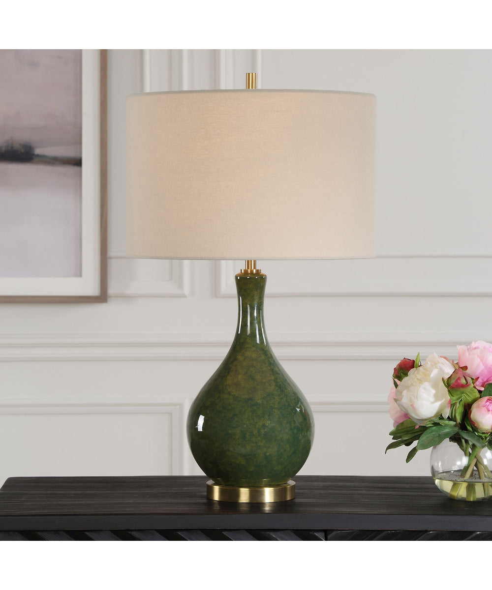 Ceramic Table Lamp with Emerald Green Glaze and Beige Linen