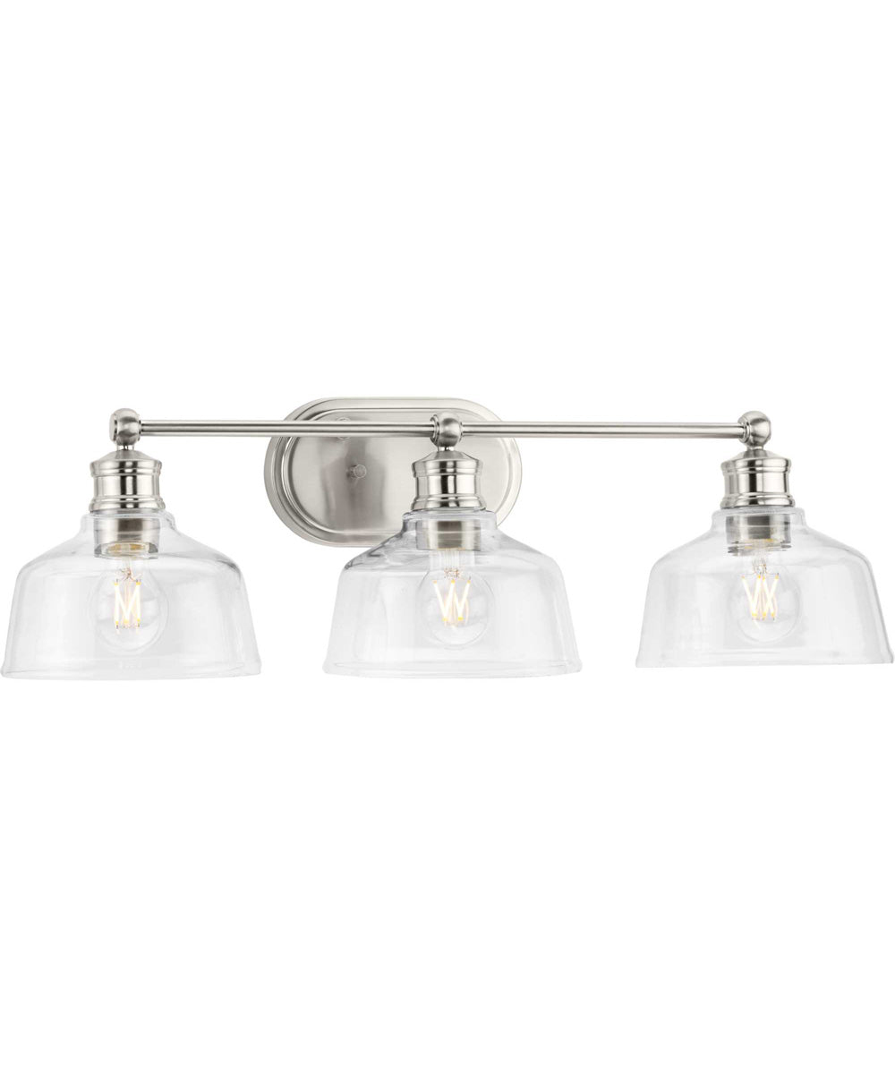 Singleton 3-Light 26.5" Farmhouse Vanity Light with Clear Glass Shades Brushed Nickel
