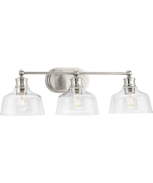 Singleton 3-Light 26.5" Farmhouse Vanity Light with Clear Glass Shades Brushed Nickel