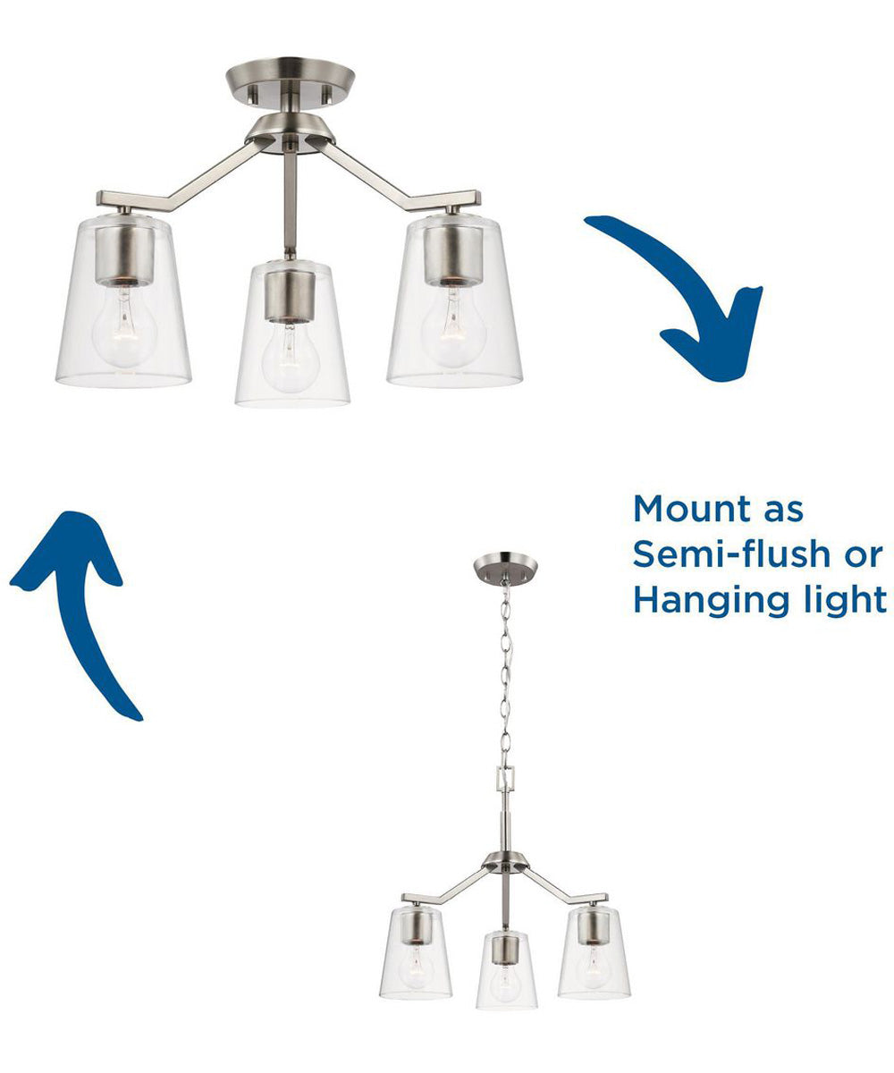 Vertex 3-Light Clear Glass Convertible Chandelier Brushed Nickel