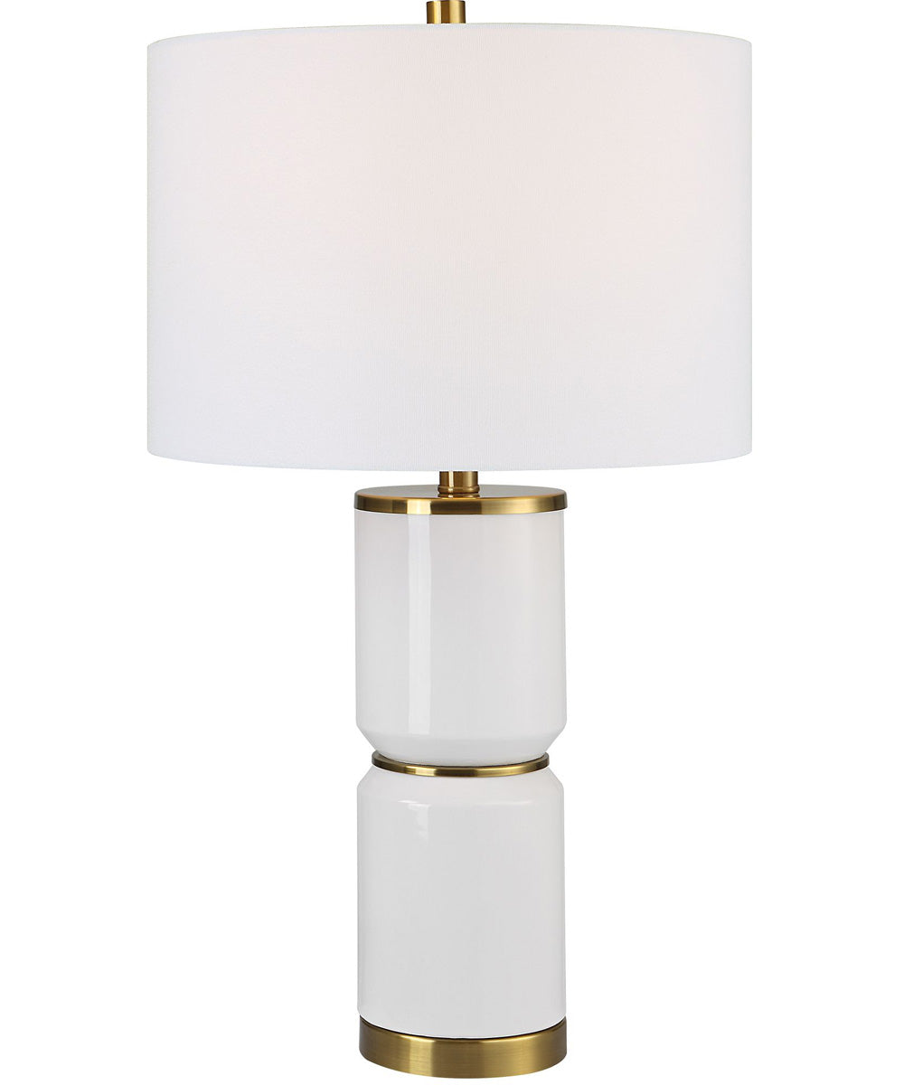 Ceramic Table Lamp in White Gloss and Gold with White Linen