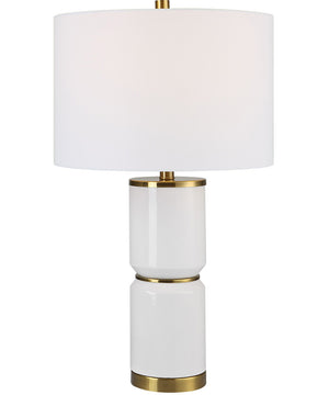 Ceramic Table Lamp in White Gloss and Gold with White Linen