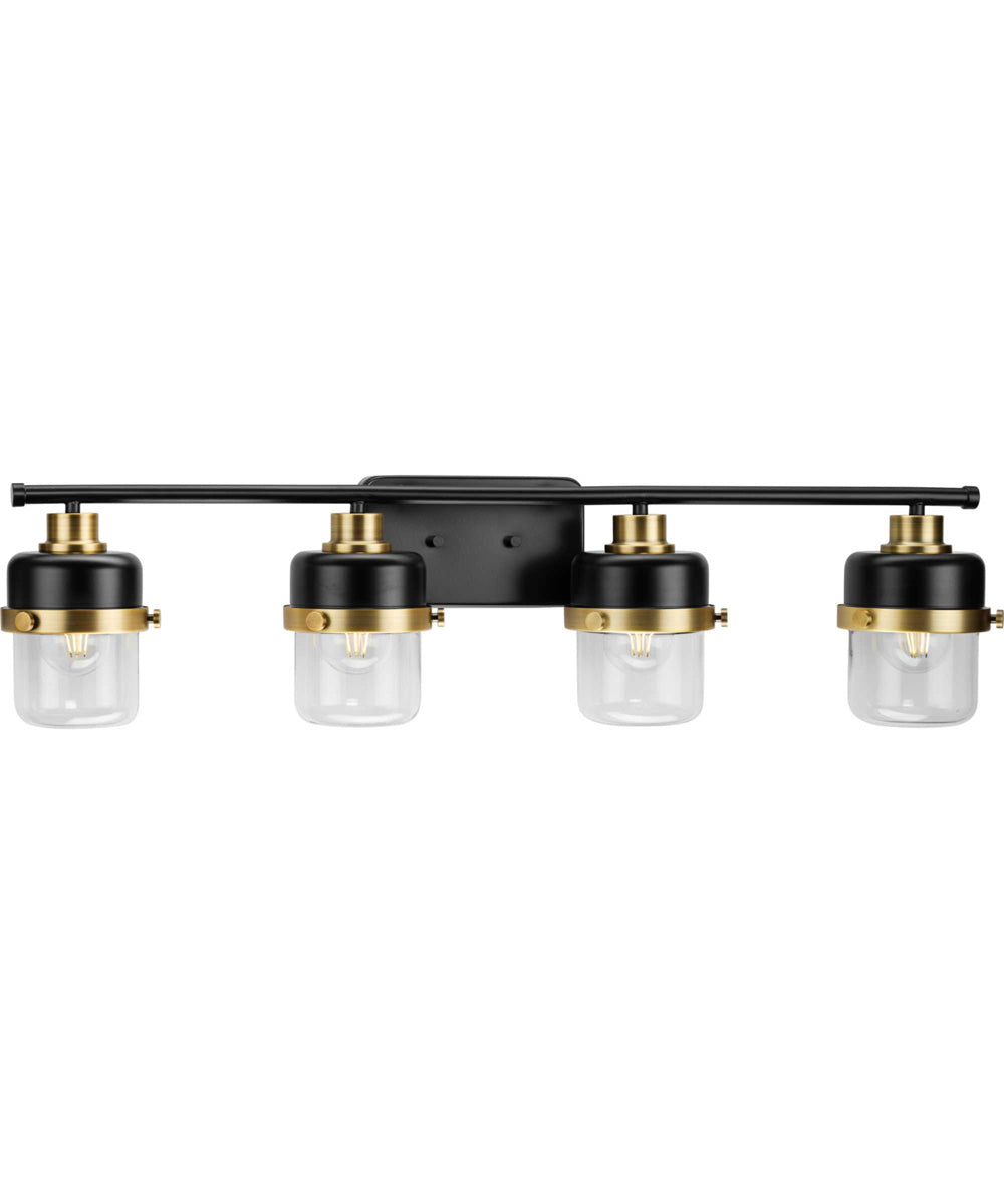 Beckner 4-Light Clear Glass Urban Industrial Bath Light with Vintage Brass Accents Matte Black