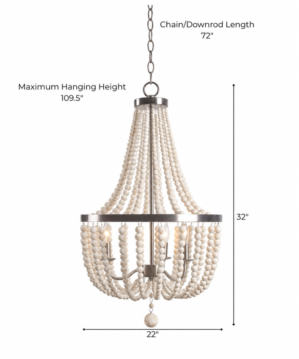 Dumas 22"W 5-Light Brushed Steel Finish Weathered White Wood Bead Chandelier by KenroyHome