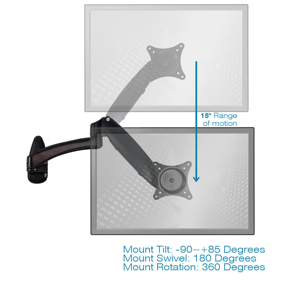 Sit-Stand Wall Mount Monitor Arm: Extended Single Screen Black