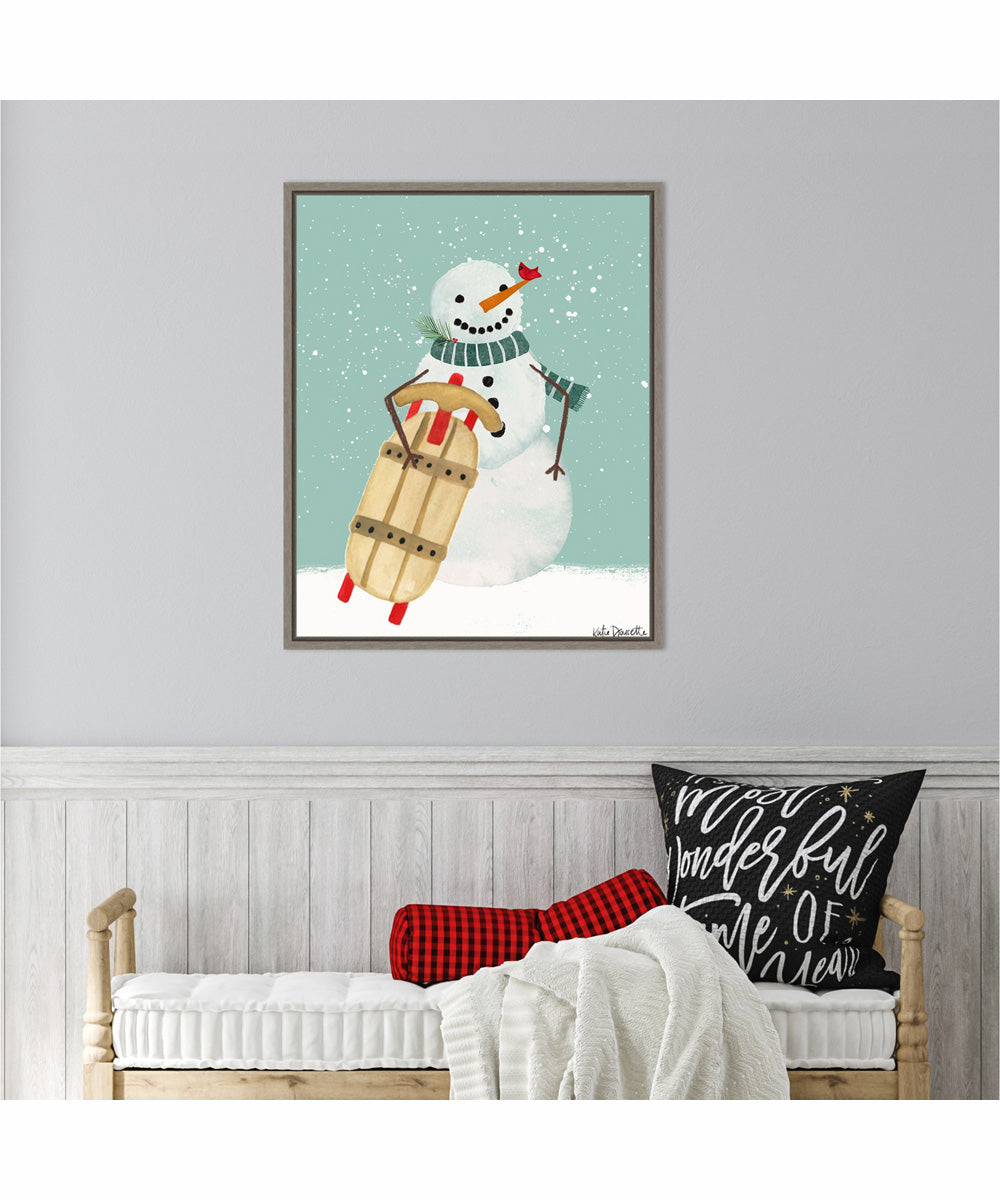 Framed Snowman and Sled by Katie Doucette Canvas Wall Art Print (23  W x 28  H), Sylvie Greywash Frame