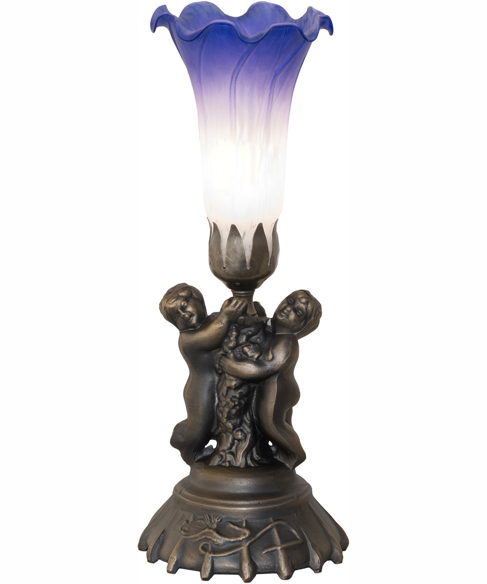 13" High Blue/White Tiffany Pond Lily Twin Cherub Accent Lamp