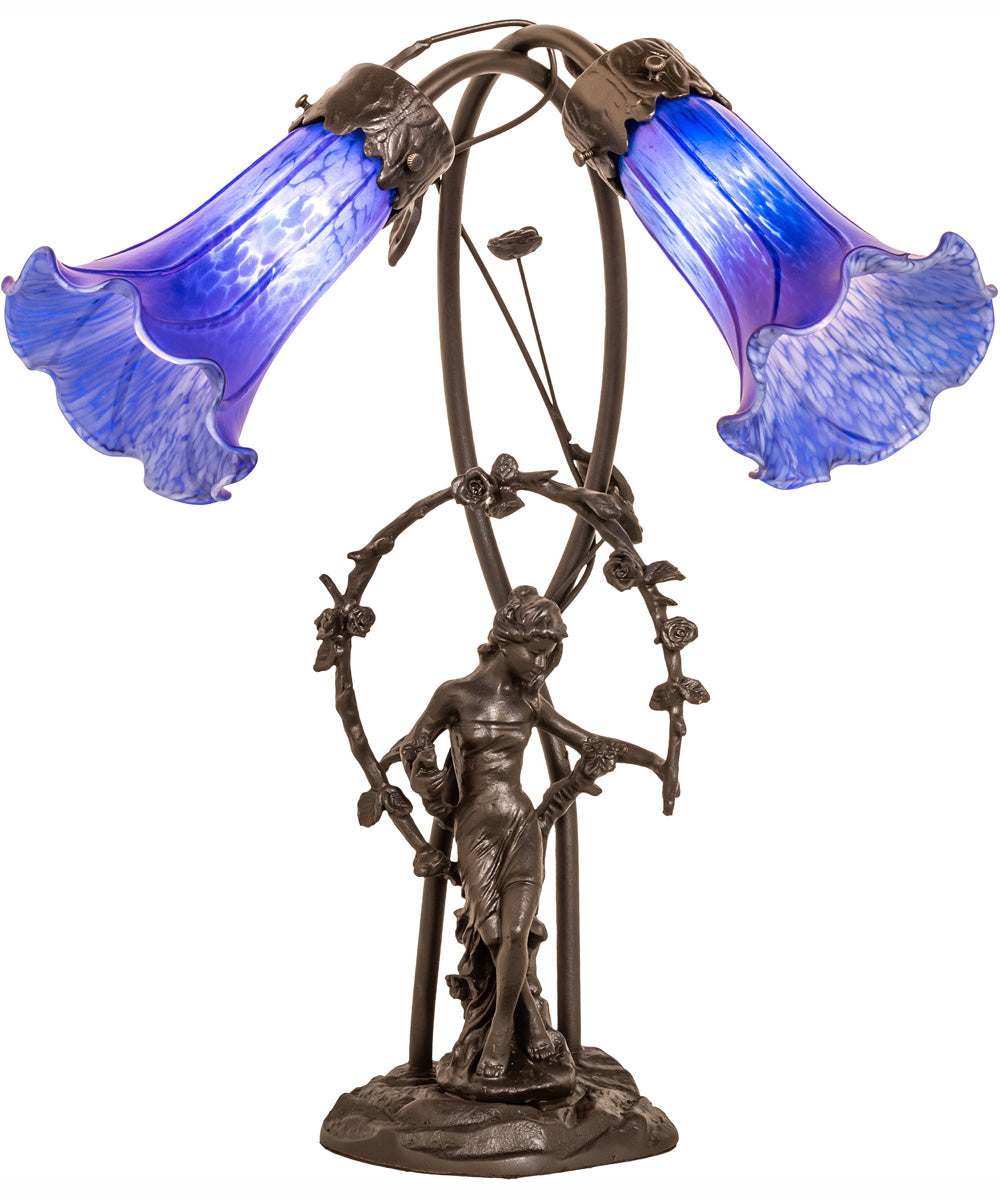 17" High Blue Tiffany Pond Lily 2 Light Trellis Girl Accent Lamp