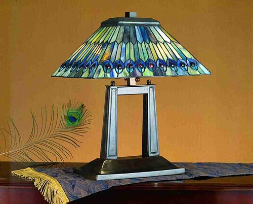 20"H Jeweled Peacock Oblong  Tiffany Table Lamp
