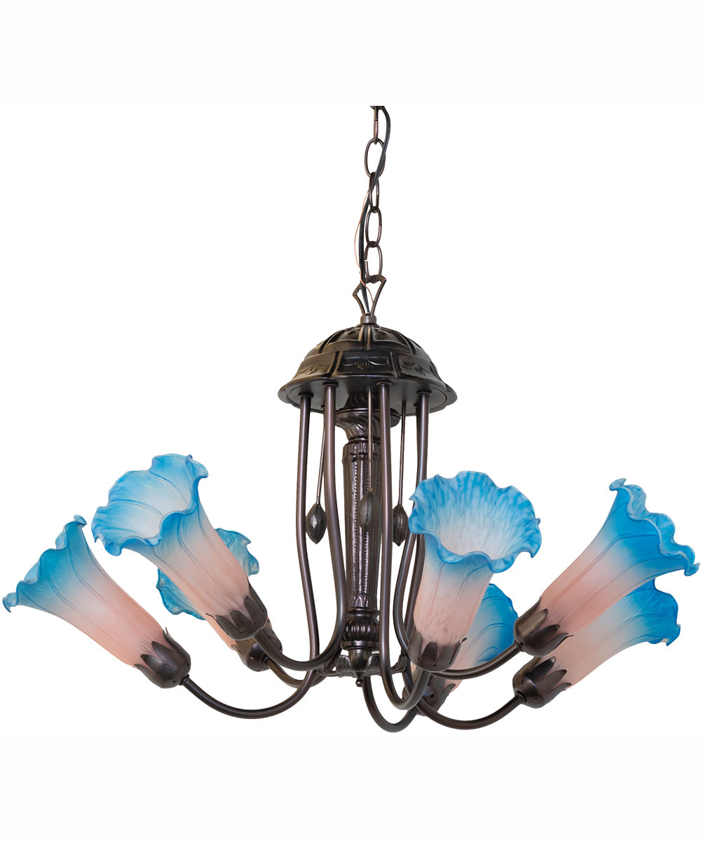 24" Wide Pink/Blue Tiffany Pond Lily 7 Light Chandelier