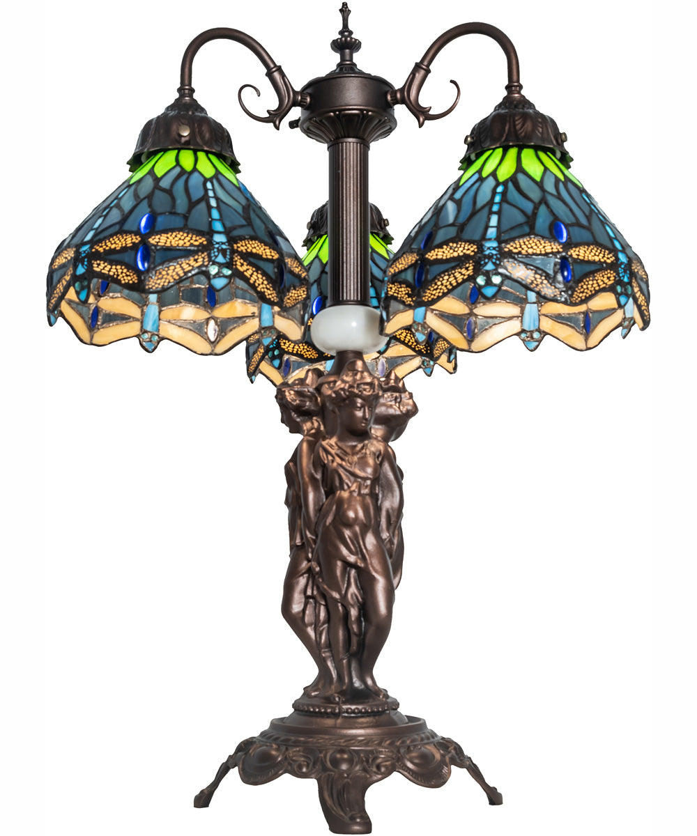 23" High Tiffany Hanginghead Dragonfly 3 Light Table Lamp