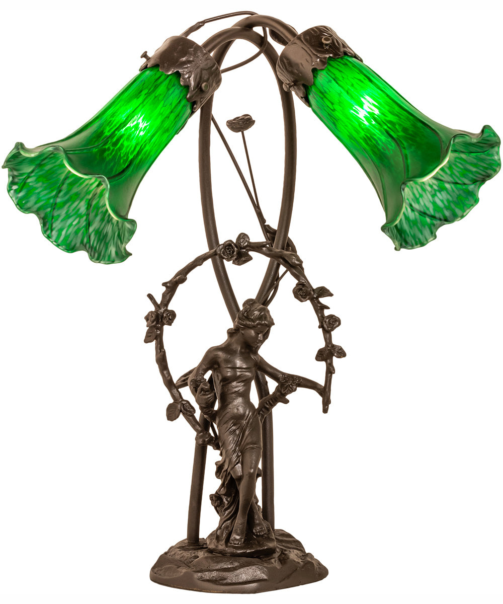 17" High Green Tiffany Pond Lily 2 Light Trellis Girl Accent Lamp