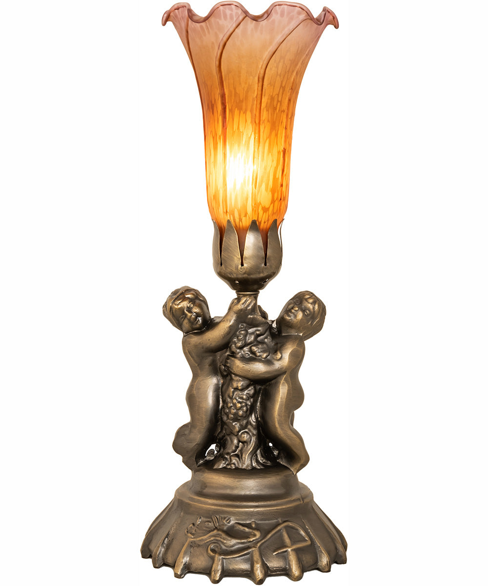 13" High Amber/Purple Tiffany Pond Lily Twin Cherub Accent Lamp