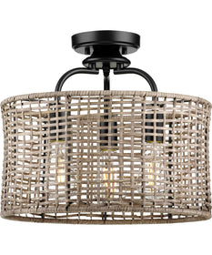 Lavelle 3-Light Mocha finish Rattan Convertible Semi-Flush Ceiling or Hanging Pendant Light Matte Black