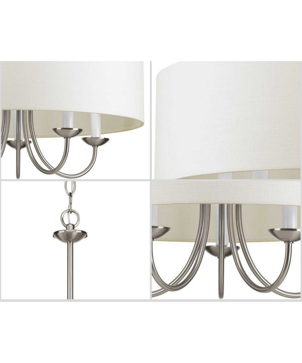 Drum Shade 5-Light White Textured Linen Shade Farmhouse Chandelier Light Brushed Nickel