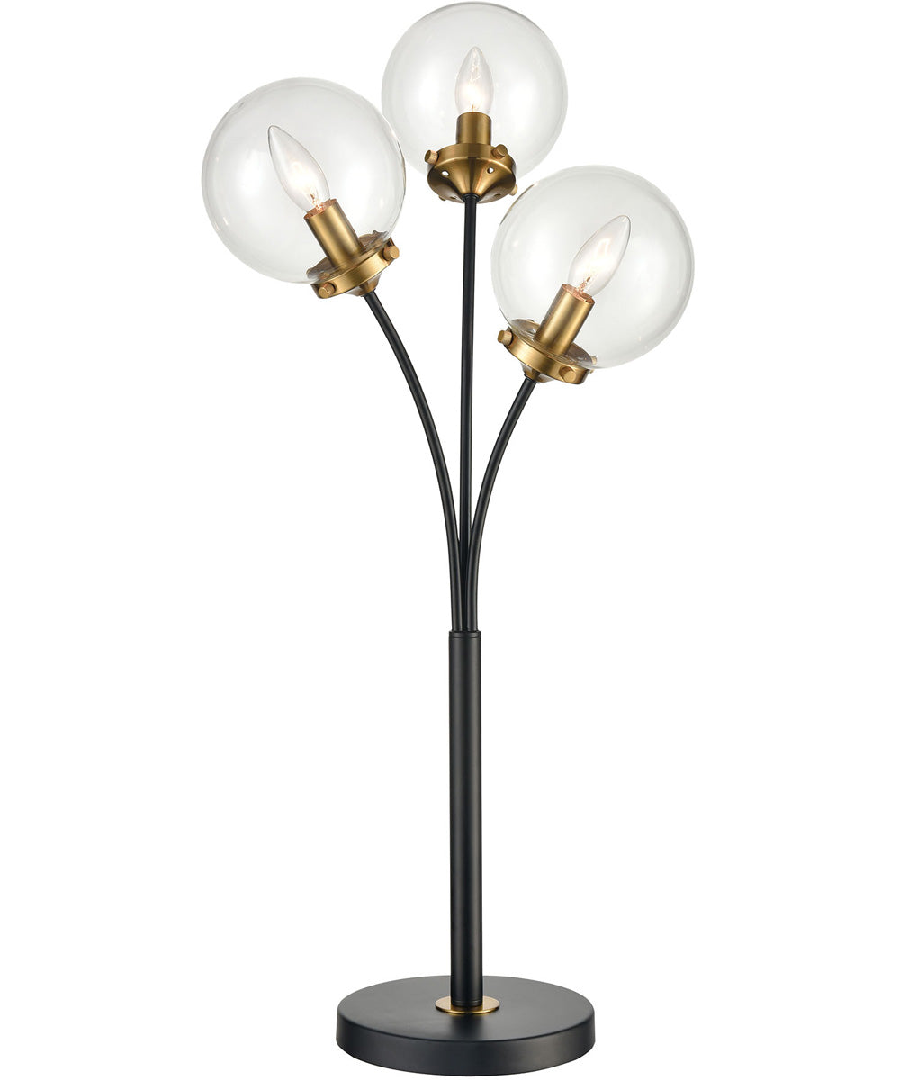 Boudreaux 3-Light Table Lamp Burnished Brass/Matte Black/Mouth-blown Clear Glass Orbs