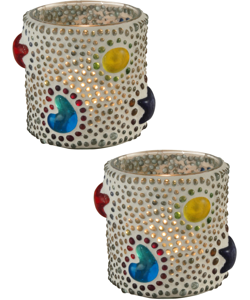 3 Inch H Bead Star Cylinder 2-Pack Mosaic Art Glass Candle Votive Set