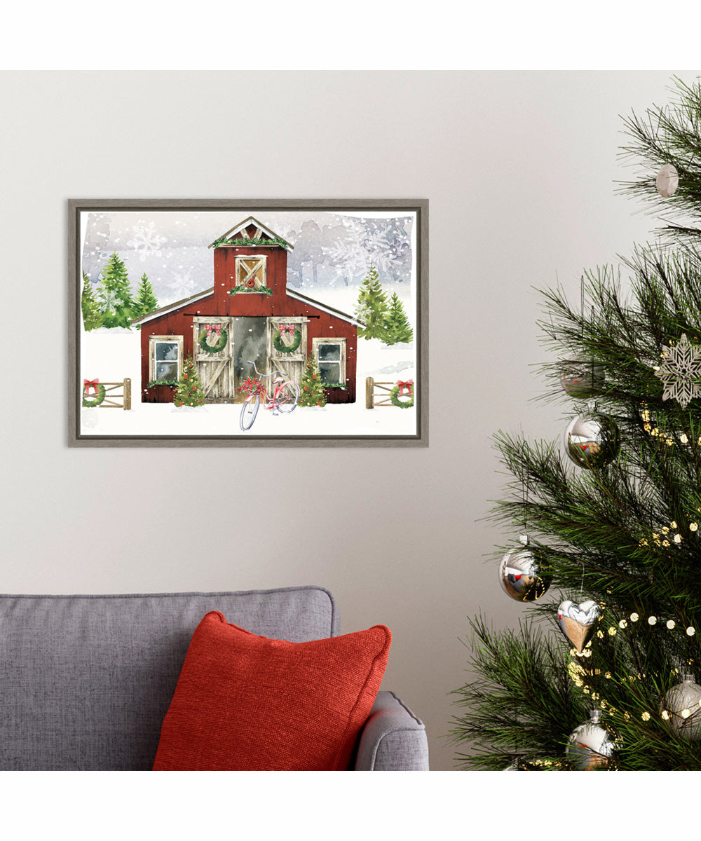 Framed Country Christmas Barn II by Art Nd Canvas Wall Art Print (23  W x 16  H), Sylvie Greywash Frame