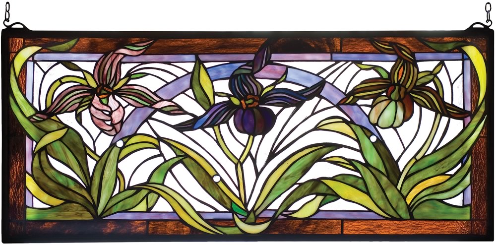 13"H x 30"W Lady Slippers Stained Glass Window