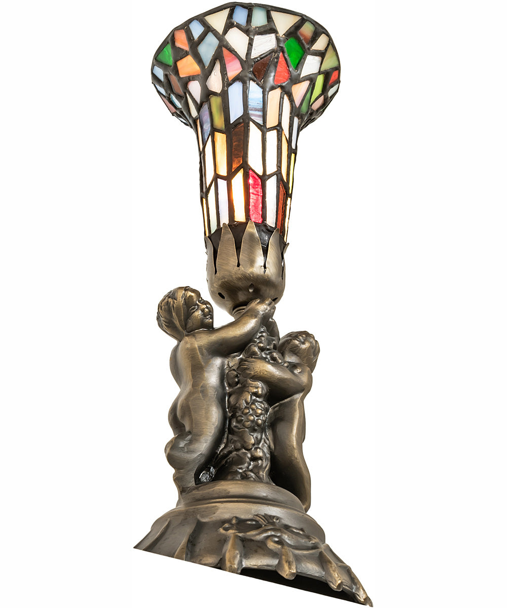 13" High Stained Glass Pond Lily Twin Cherub Mini Lamp