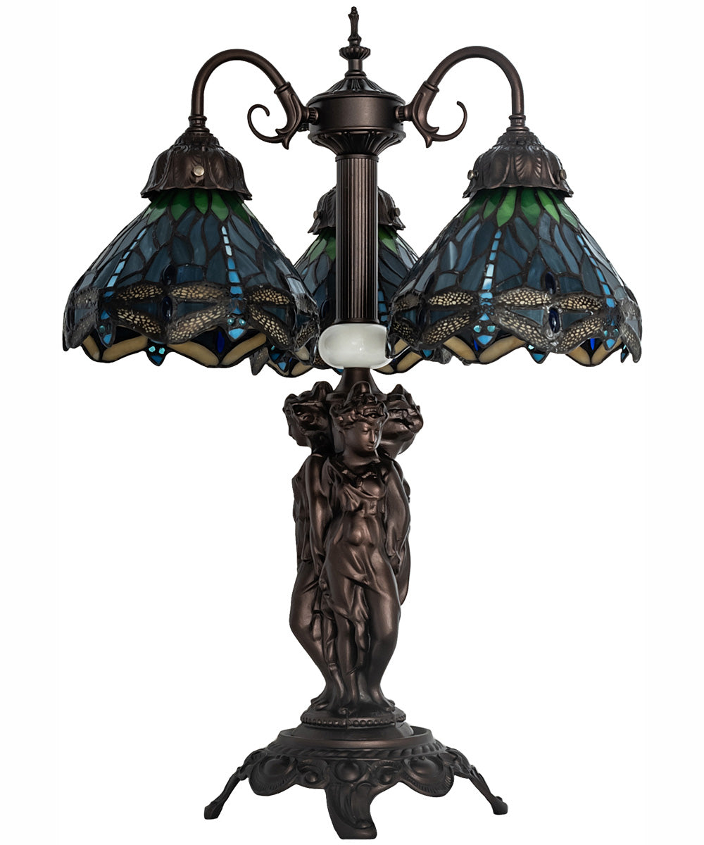 23" High Tiffany Hanginghead Dragonfly 3 Light Table Lamp