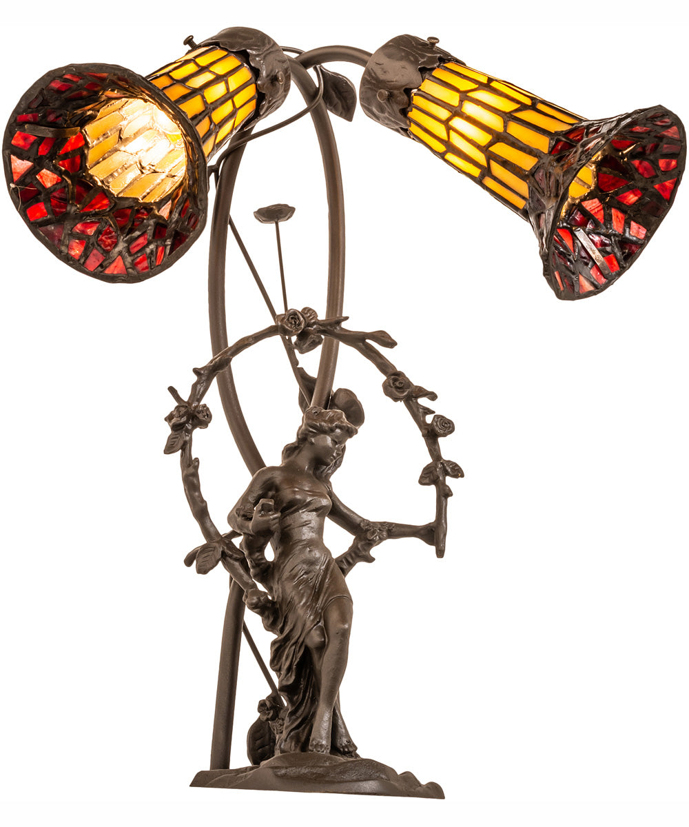 17" High Stained Glass Pond Lily 2 Light Trellis Girl Accent Lamp