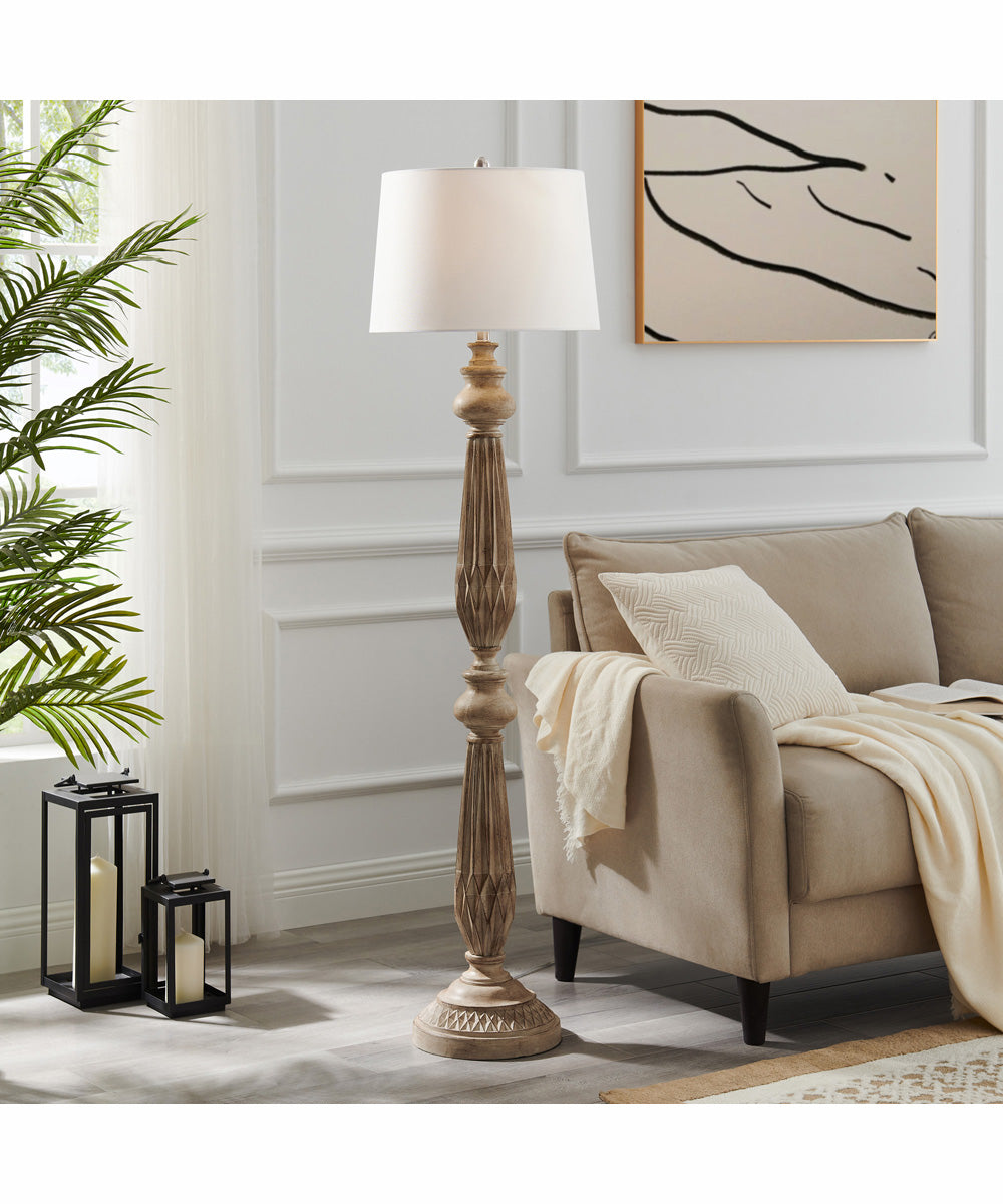 Garo 1-Light Floor Lamp Brushed Wood Finished/White Linen