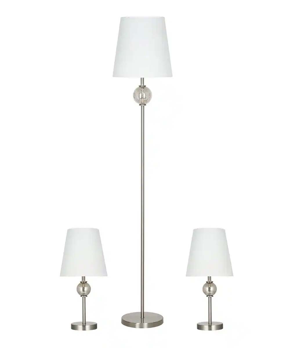Catalina Modern Classic 3-Piece Floor and Table Lamp Combo Set, Brushed Nickel Metal Finish w/ Glass Font