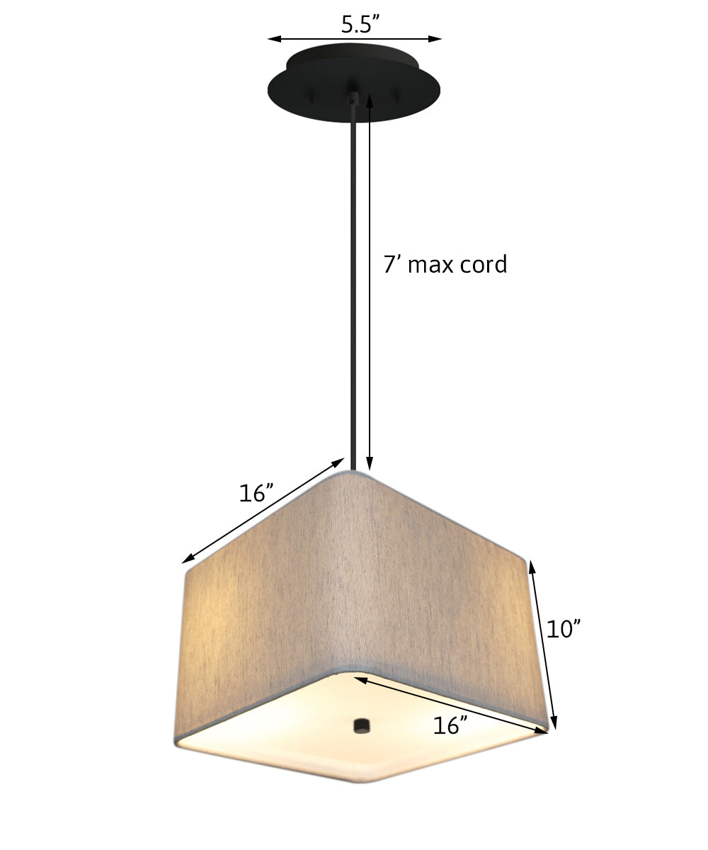 16" W 2 Light Pendant Rounded Corner Square Oatmeal Drum Shade with Diffuser, Black Cord