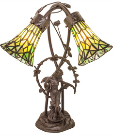 17" High Stained Glass Pond Lily 2 Light Trellis Girl Accent Lamp