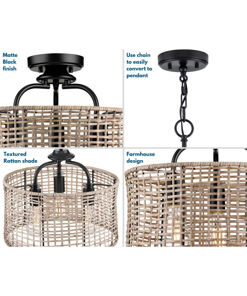 Lavelle 3-Light Mocha finish Rattan Convertible Semi-Flush Ceiling or Hanging Pendant Light Matte Black
