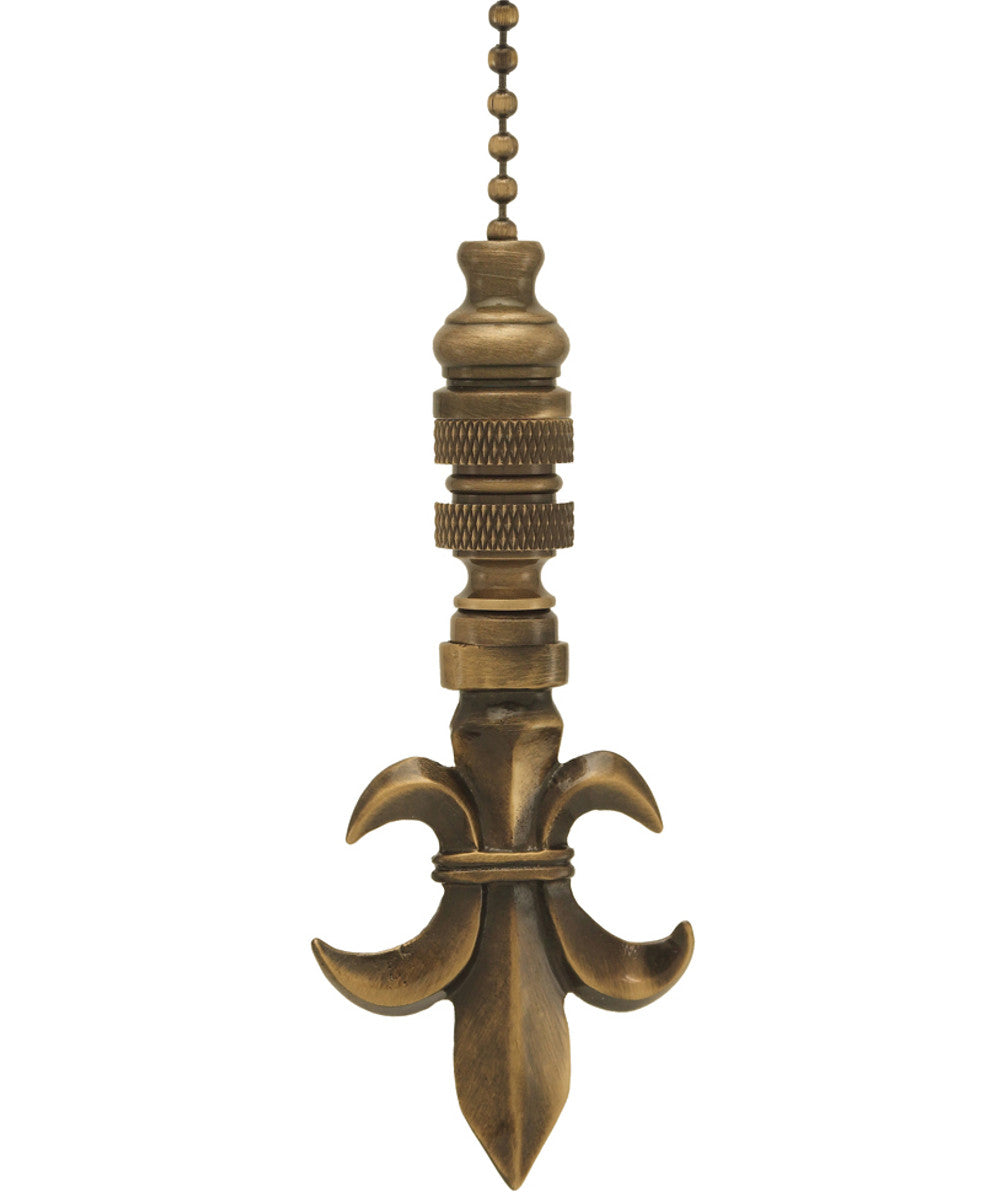 Fleur De Lis Ceiling Fan Pull, 3.2"h with 12" Antiqued Brass Chain