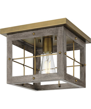 Hedgerow 1-Light Aged Oak Farmhouse Style Flush Mount Ceiling Light Distressed Brass