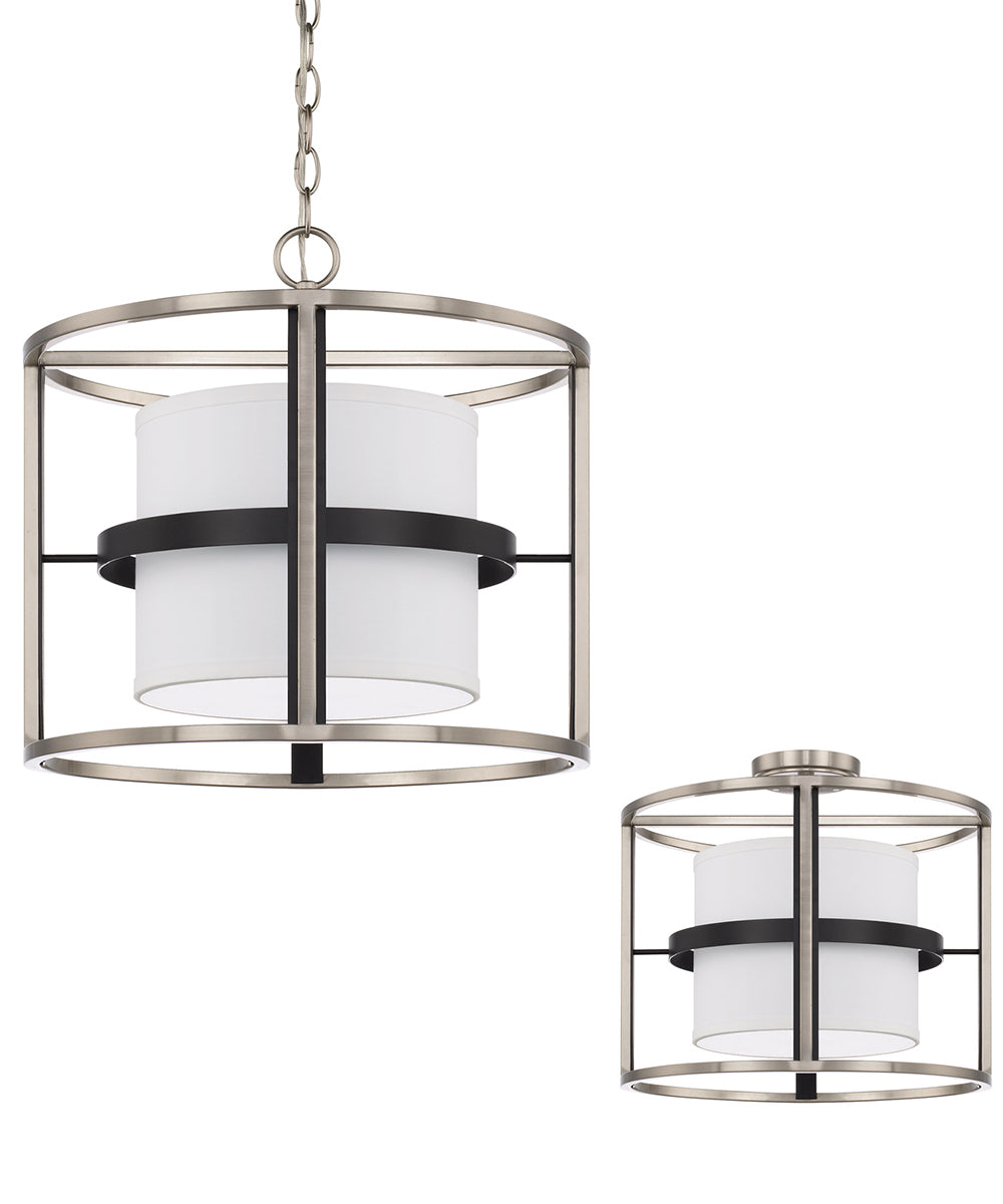 Tux 4-Light Dual-Mount Semi-Flush/Pendant Mount In Black Tie With White Fabric Shade And Diffuser