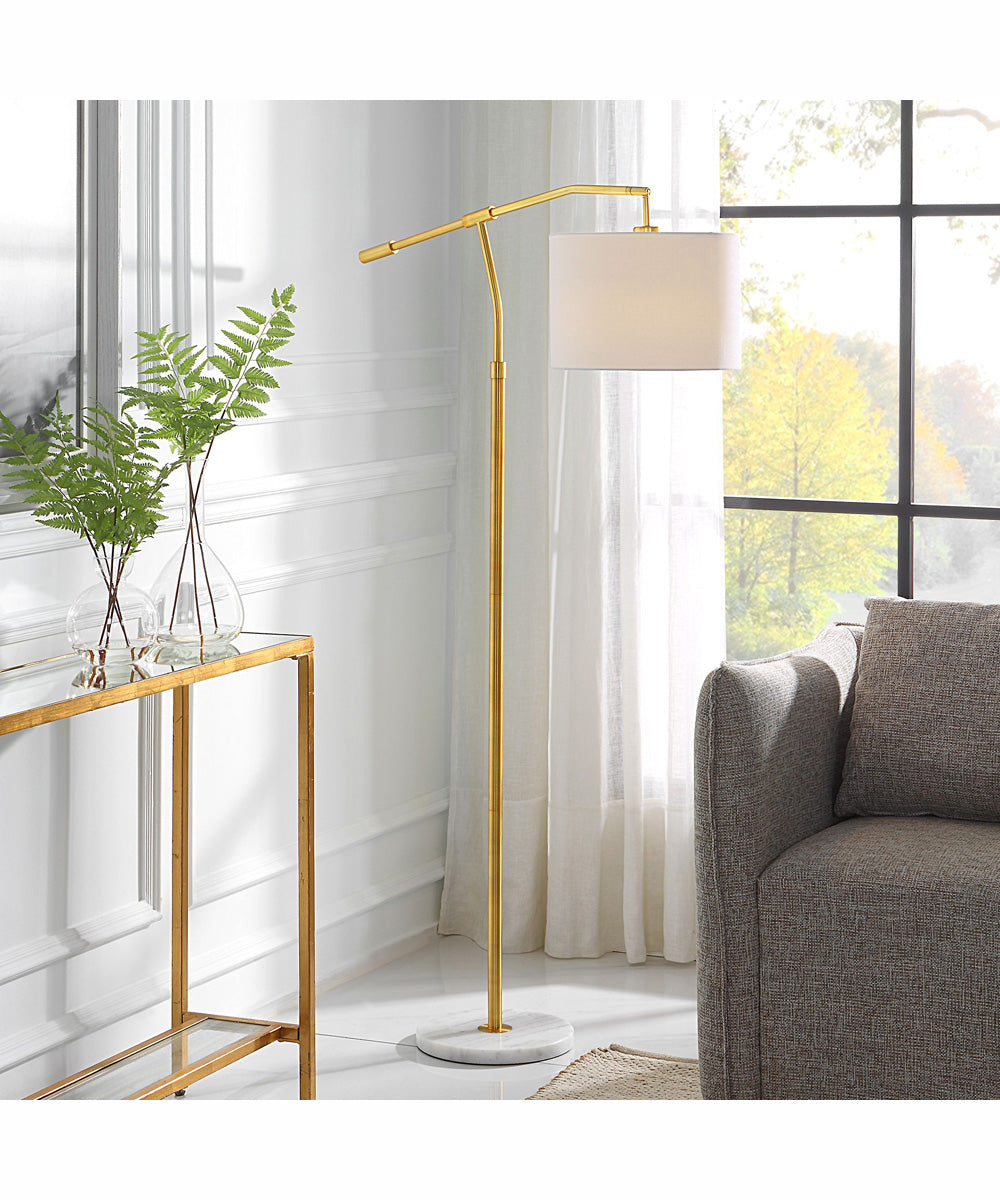 61"H 1-Light Floor Lamp Marble and Metal in Golde and White Marble with a Round Shade
