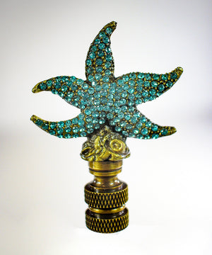 Starfish with Aegean Blue Glass Lamp Finial Antique Metal 2.5"h