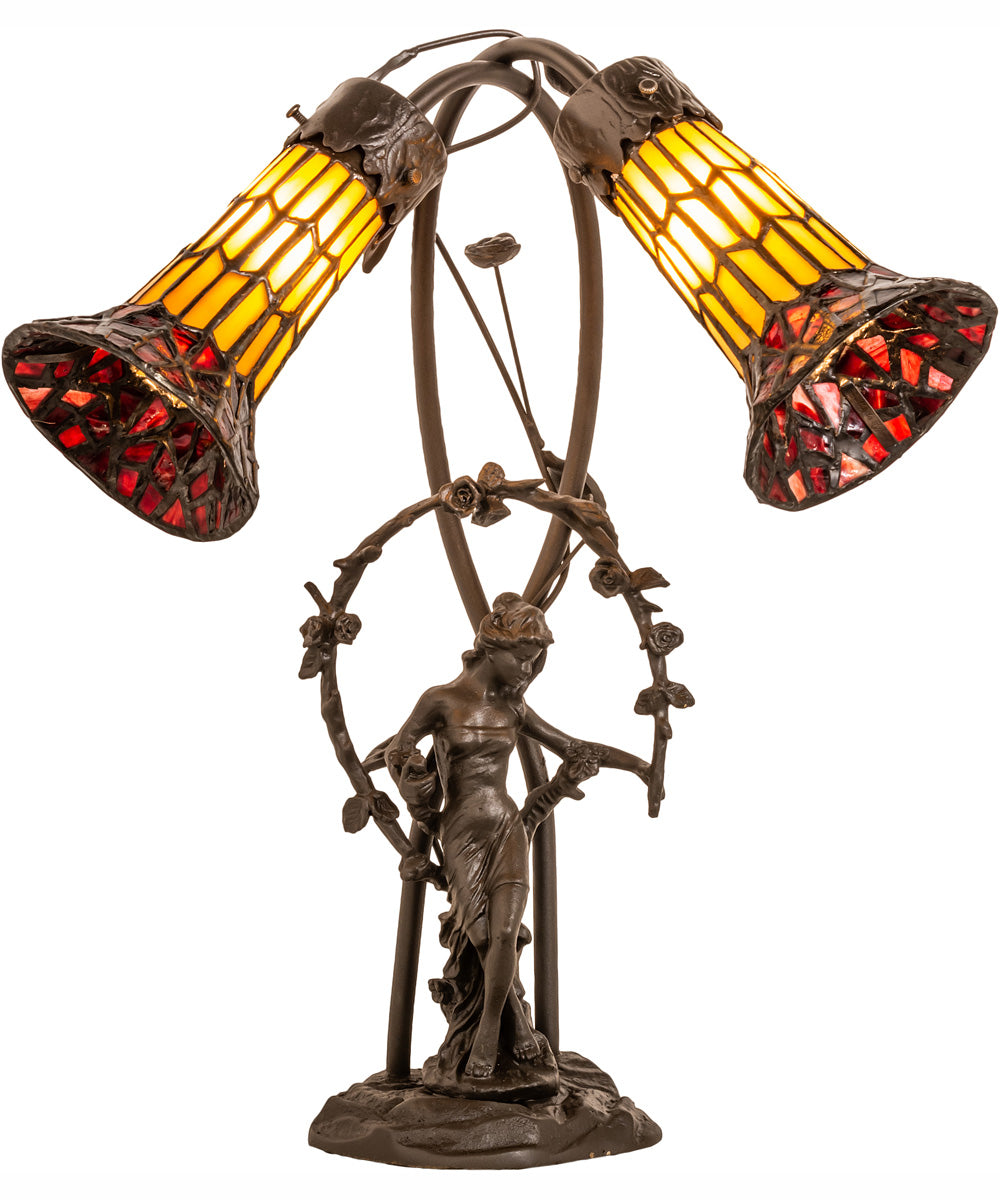 17" High Stained Glass Pond Lily 2 Light Trellis Girl Accent Lamp