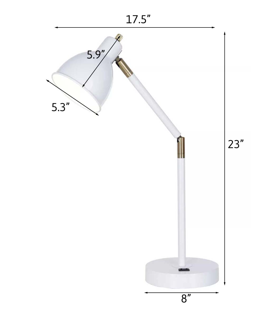 Cresswell 23"H 1-Light Ariculating Adjustable Mid-Century Metal Desk Lamp with Power Outlet, White Finish