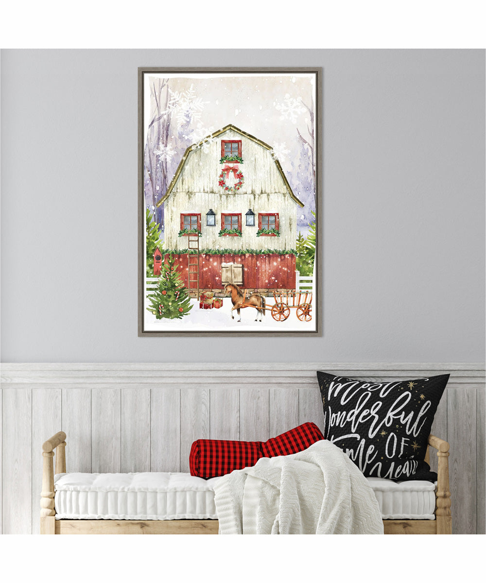Framed Country Christmas Barn by Art Nd Canvas Wall Art Print (23  W x 33  H), Sylvie Greywash Frame