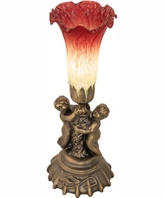 13" High Seafoam/Cranberry Tiffany Pond Lily Twin Cherub Accent Lamp