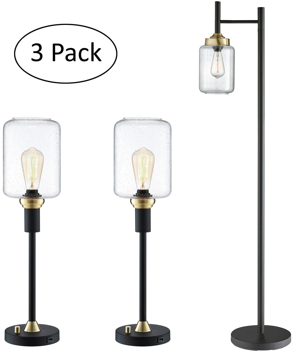 Luken 1-Light 3Pcs Floor & Table Lamp Set Black/Antique Brass/Seeded Glass