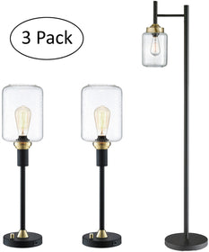 Luken 1-Light 3Pcs Floor & Table Lamp Set Black/Antique Brass/Seeded Glass