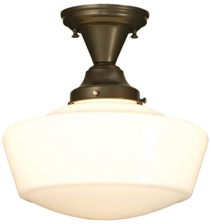 12"W Schoolhouse with Traditional Globe 1-Light Semi-Flush Mount Craftsman Brown in Opal White