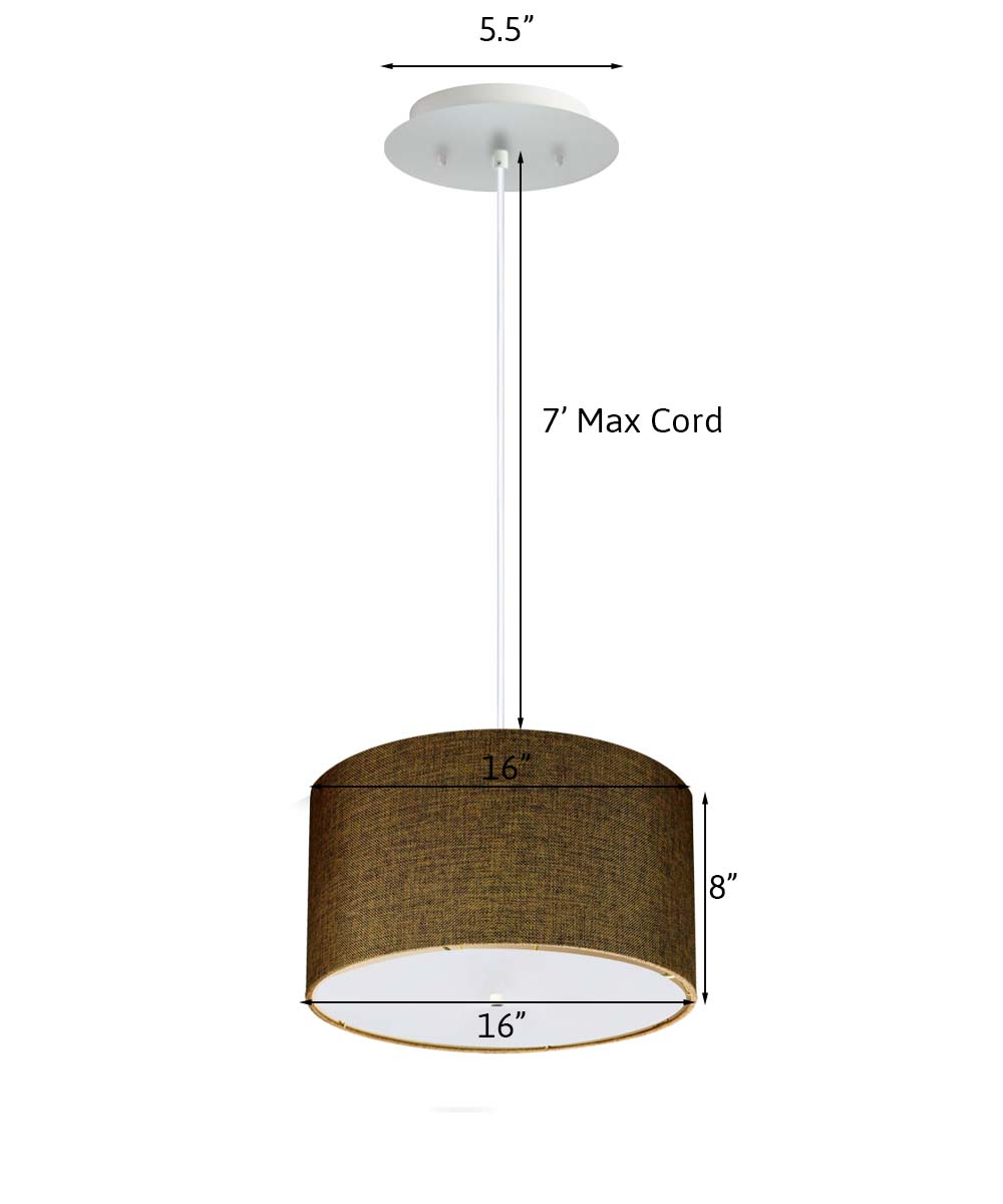 16" W 2 Light Pendant Chocolate Burlap Shade with Diffuser, White Cord