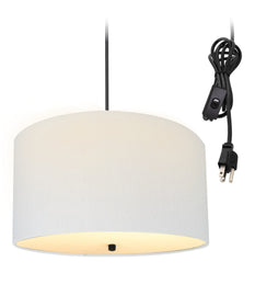 16"W 2 Light Swag Plug-In Pendant  White Linen Drum with Diffuser Black Cord