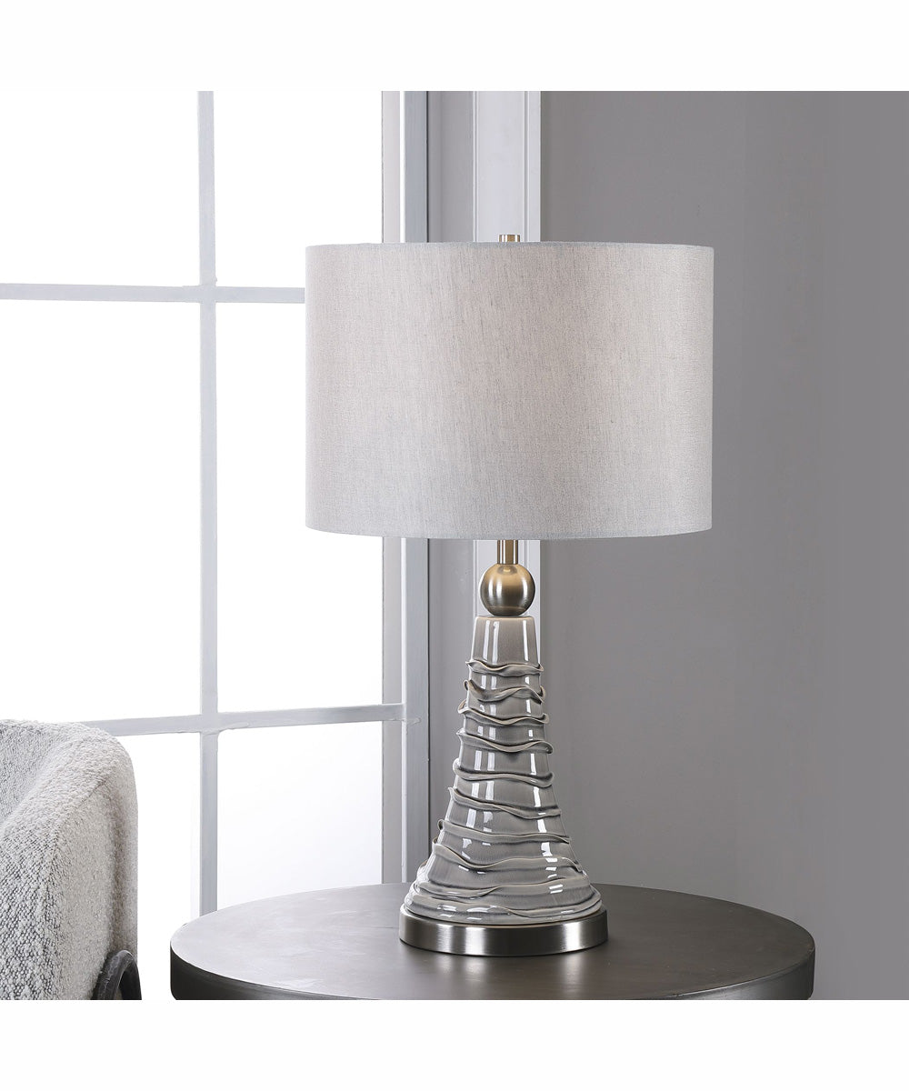 24"H 1-Light Table Lamp Ceramic and Iron in Gray and Wavy Lines and Brushed Nickel with a KD Round Drum Shade