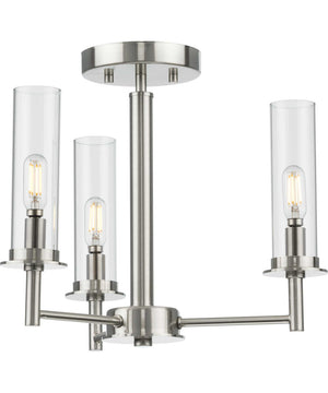 Kellwyn 3-Light Clear Glass Transitional Style Convertible Semi-Flush Ceiling or Hanging Pendant Light Brushed Nickel