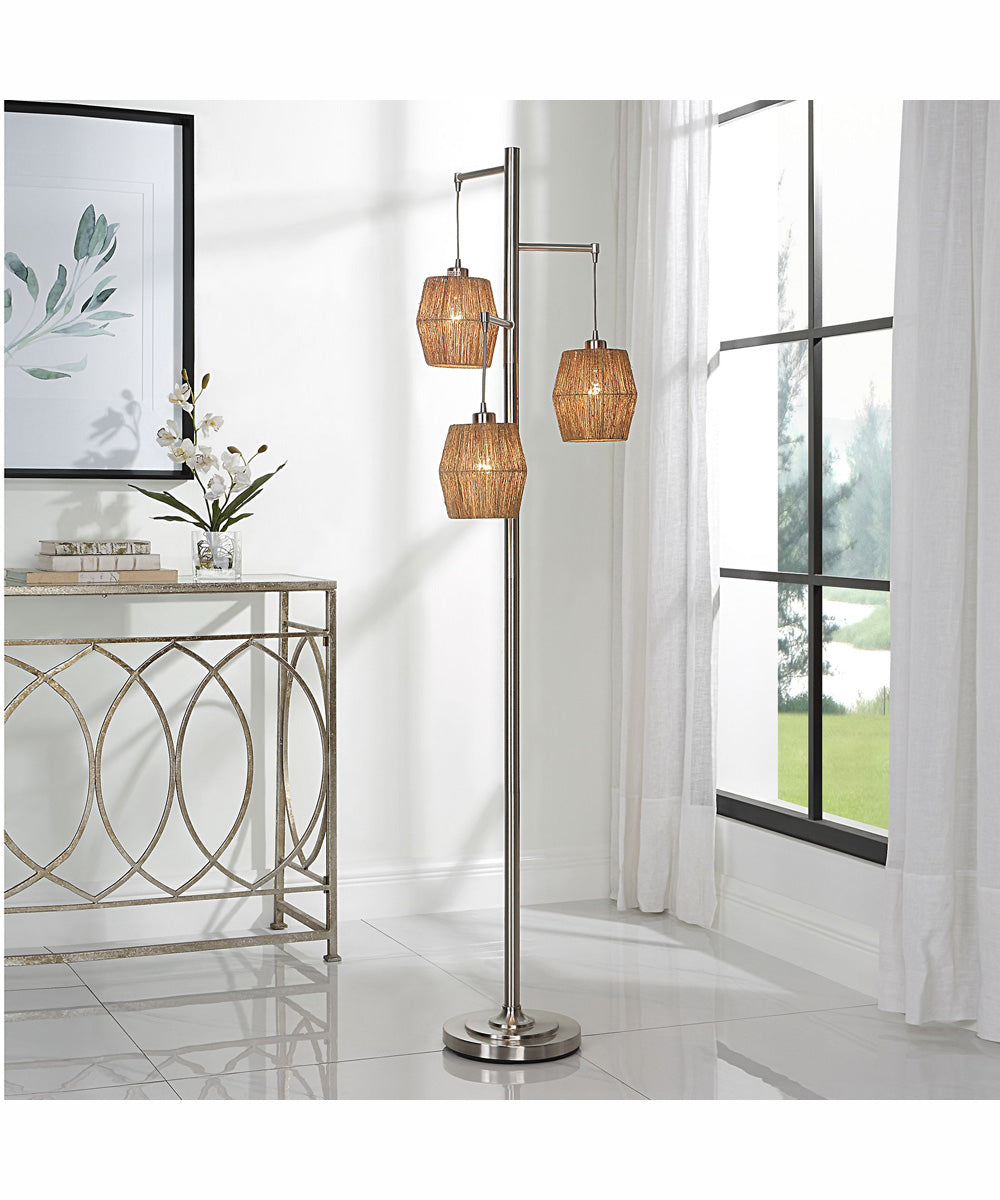 73"H 3-Light Floor Lamp Metal and Rope in Brushed Nickel with a Round Shade