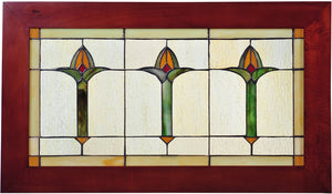 14"H x 24"W Arts & Crafts Bud Trio Wood Frame Stained Glass Window