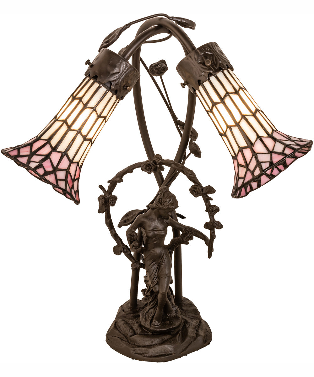 17" High Stained Glass Pond Lily 2 Light Trellis Girl Accent Lamp
